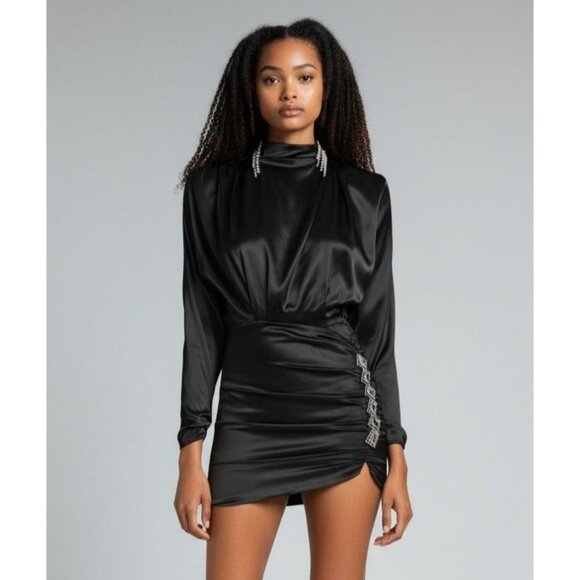 Alessandra Rich Black Silk Embellished Mini Dress Crystal Detail, Ruch - Size 10 - Picture 1 of 16